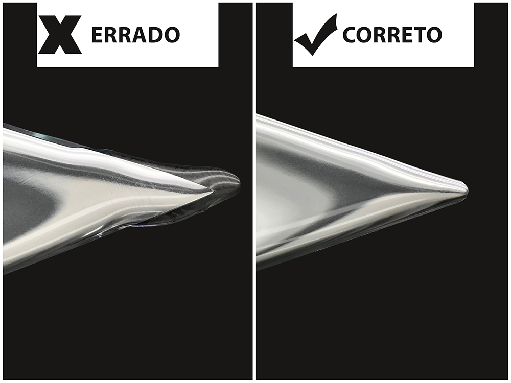 Exemplo de emblema resinado errado e correto